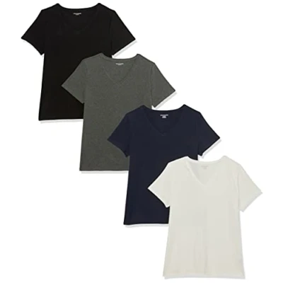 Image of Amazon Essentials Women&#039;s Classic Fit Short Sleeve V Neck T Shirt, Pack of 4, White/Charcoal Heather/Navy, XL