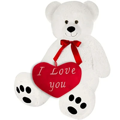 Image of Monzana® Teddy Bear with &#039;I Love You&#039; Heart Pillow XL 100cm White Valentine&#039;s Day Gift Soft Fur, Cute Bow Tie Perfect Present for Husband, Wife, Girlfriend or Boyfriend