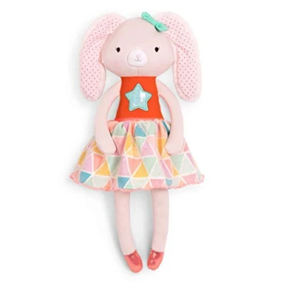 Image of B. toys Plush Designer Bunny Doll Soft &amp; Cuddly Stuffed Animal Rabbit Toy Orange Pastel Dress Sparkly 15 Washable Tippy Toes Becky 18m +