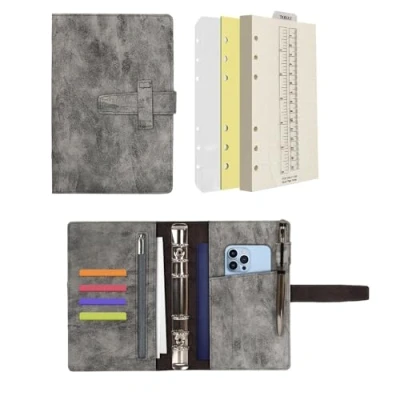 Image of Wonderpool Leather Diary 6 Ring Binder Folder Organiser with Dotted Paper Refillable Writing Notebook &amp; Multi Pockets Cover for Business Study Travel (A6, Grey)