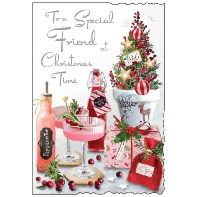 Image of Special Friend Christmas Card Festive Cocktails Artistic Design Finishes and Illustrated Insert Leaf Made in the UK