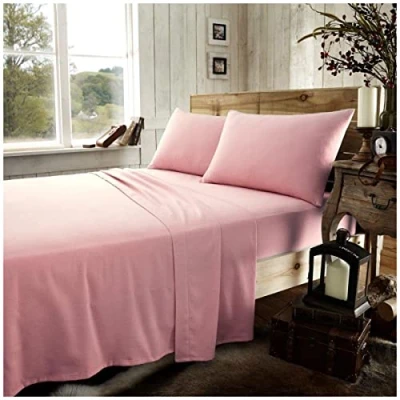 Image of Brushed Cotton Fitted Sheets, Thermal Flannel Bed Washable Plain Bedding Double Bed, Pink