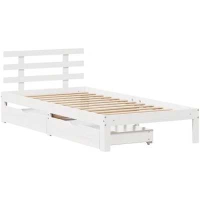 Image of vidaXL Bed Frame with Drawers Solid Pine Wood, White, 100x200 cm Modern Single Under Storage Drawers, Slatted Base Support
