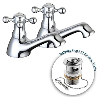Image of Sterling Traditional Chrome Bathroom Basin Sink Taps Hot &amp; Cold Pair LUXURY Waste