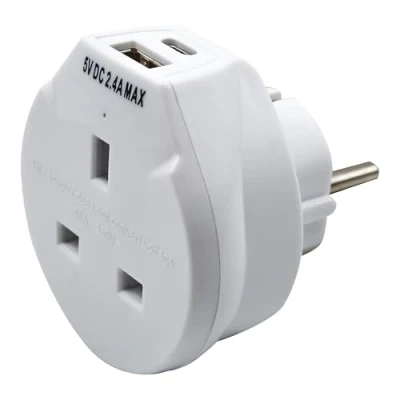 Image of Uni Com UK to European Travel Adaptor Plug with USB A &amp; C Charger, 3 pin Power EU 2 socket, Germany, Spain, France, Austria, Portugal, Sweden, Eastern Europe