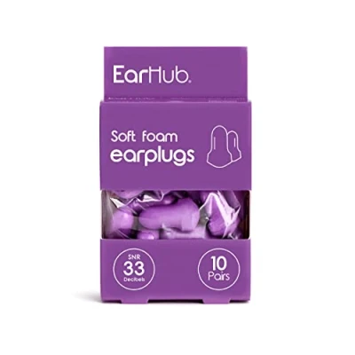 Image of EarHub Sleepwell Soft Foam Earplugs, Hearing Protection 33dB, Ear Plugs Best Used for Sleep, Also Travel, Work, Study &amp; Concerts, Purple, 10 Pairs