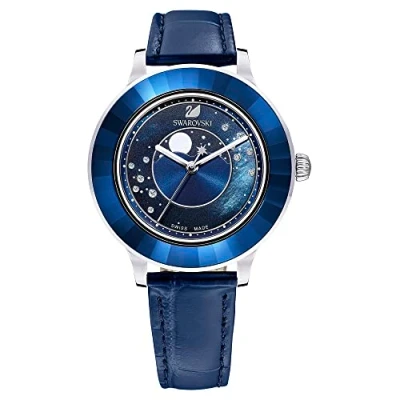 Image of Swarovski Octea Lux Moonphase Watch, White and Blue Crystals, Mother of Peal, Stainless Steel Leather, from The Collection