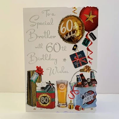 Image of Jonny Javelin Special Brother 60th Birthday With Love Card Age 60 Balloons Presents Beer Bottles