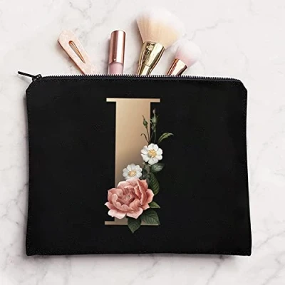 Image of 26 Letter Printed Zip Canvas Pouch Makeup Bag Make Up Bag, Cosmetic Travel Bag,Toiletry Bag,Organizer Bags,Toiletry Bags, Bride Bridesmaid Bag,Pencil Bag,Wash Bag,Coin Purse (Gold I)