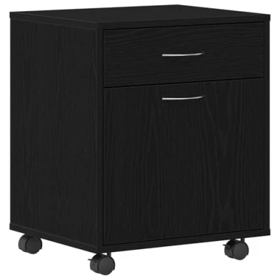 Image of vidaXL Rolling Black Oak Cabinet Engineered Wood Office Storage with Wheels/Casters Drawer &amp; Door