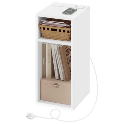 Image of WOLTU Slim Bedside Table with Charging Station, Nightstand 2 Sockets &amp; USB Ports, Narrow Side Open Compartments, White Small for Bedroom Living Room, 25x30x60cm