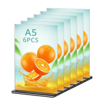 Image of QWORK® 6 Pack A5 Acrylic Sign Holder with Base, Double Sided Display Stand Poster Menu for Office Hotel Restaurant Exhibition Wedding