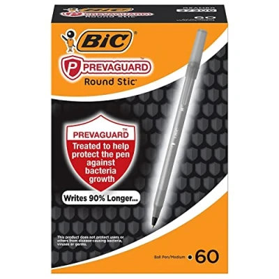 Image of BIC Prevaguard Round Stic Pens with Antimicrobial Additive, Medium Point, 1.0 mm, Black Barrel, Ink, Pack of 60