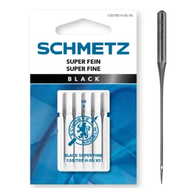 Image of SCHMETZ Sewing machine needles, 5 black fine 130/705 H SU XS, needle thickness 60/8, slim with non stick coating for gentle processing of sensitive, fabrics