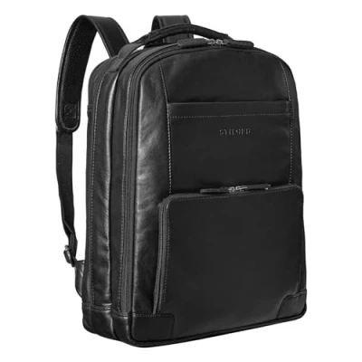 Image of STILORD &#039;Harlow&#039; XL Leather Backpack for Men Vintage Laptop 15 17 Inch Large Work with Compartments Trolley Attachable Genuine Leather, Colour:Black