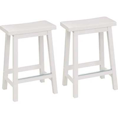 Image of Amazon Basics Solid Wood Saddle Seat Kitchen Counter Height Stool, Set of 2, White, 61 cm