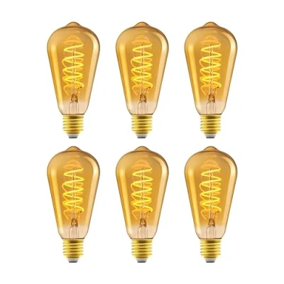 Image of Amazon Basics E27 Vintage LED Bulb, Antique Style Retro Amber Glass, ST64, 4W (equivalent to 25 W), Pack of 6, 1800K Ultra Warm Light For Decoration