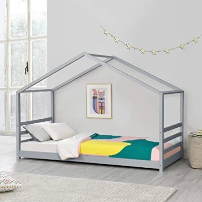 Image of [en.casa] Children&#039;s bed Vardø with slatted frame 90 x 200 cm house youth wood Grey