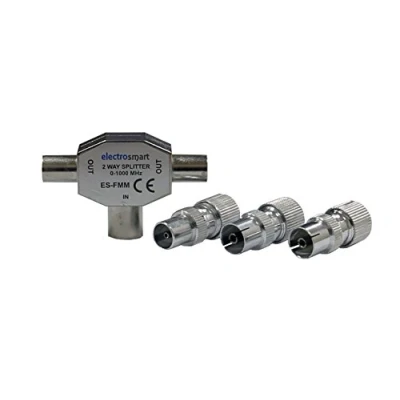 Image of electrosmart TV Aerial and Freeview Splitter Kit Pack FMM 1 Input to 2 Outputs with x Male Coax Plug Female Plugs