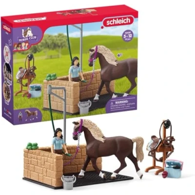 Image of schleich Horse CLUB — 42438, 19 Piece Equestrian Washing Area Playset with and Rider Figurines, Stall Moving Swivel Hose Arm, Toys for Girls &amp; Boys Ages 5+