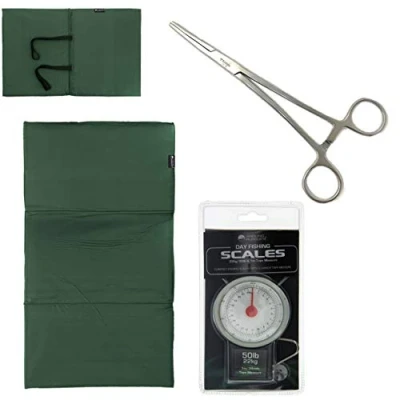 Image of CARP FISHING UNHOOKING LANDING MAT + 50LB SCALES 5&quot; Curved Forceps Black Sling