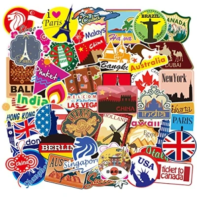 Image of 100 Travel Maps Stickers, World Famous Landmarks Country City Logo Stickers for Suitcase Laptop Skateboard Bicycle Scrapbook