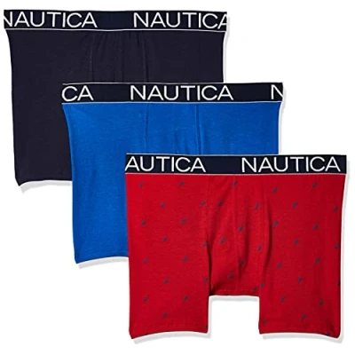 Image of Nautica Men&#039;s 3 Pack Classic Underwear Cotton Stretch Boxer Brief, Sea Cobalt/Peacoat/Sail Printnautica Red, S