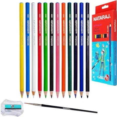 Image of NATARAJ Bright Shades Full Size Colour Pencils + Colouring Bruh &amp; a Sharpener Set (12 x Watercolour Pencils)