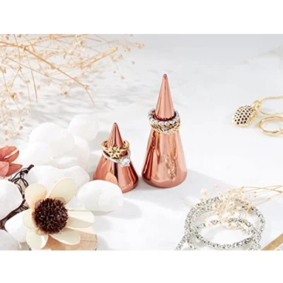 Image of EHC 2 x Metal Plated Small Jewellery Storage Cone Rose Gold, Jewelry Rings Organizer, Ring Holder, Finger Decorative Display Stand, Gifts for Women