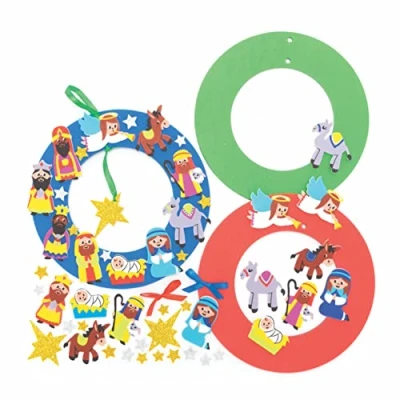 Image of Baker Ross FC292 Nativity Wreath Kits Pack of 3, Ring to Decorate and Display, Make Your Own Decorations, Ideal Kids Arts Crafts Project