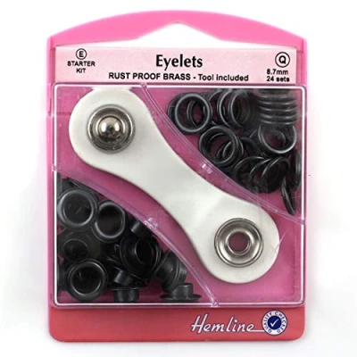 Image of Hemline Black Eyelet Starter Kit 8.7mm (24 sets) With Metal Grommet Tool Washers Eyelets Hole Punch &amp; Storage Case mm H438P.8.B