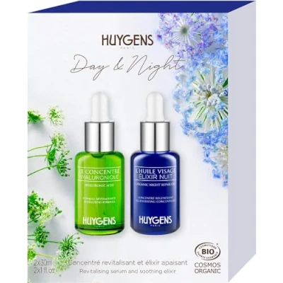 Image of HUYGENS The Day &amp; Night Duo 2 x 30ml Face Serums Revitalizing Concentrate and Repair Oil All skin types 100% Natural Vegan Made In France