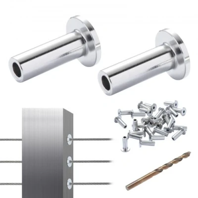 Image of VEVOR 121 Pack T316 Stainless Steel Protector Sleeves for 3.2mm Wire Rope Cable Railing, DIY Balustrade Marine Grade, Come with A Free Drill Bit, Silver