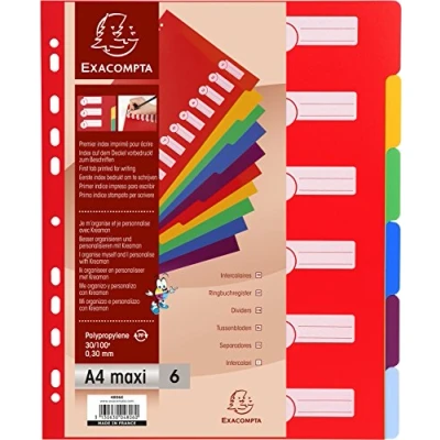 Image of Exacompta Ref 4806E PP Document Dividers Suitable for Use With A4+ Documents, Made from Polypropylene, Pre Punched &amp; Printed 6 Part Multicoloured