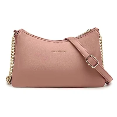 Image of David Jones Women&#039;s Small Chain Crossbody Bag Ladies PU Leather Shoulder Multiple Compartments 3 Pockets Handbag Clutch City Evening Phone Pink