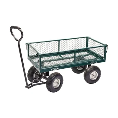 Image of Garden Trolley Cart, Green Steel Heavy Duty Pull Along Gardeners Wheeled Trailer with Mesh Sides