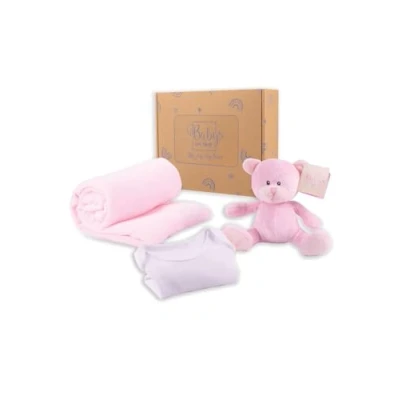 Image of Baby Box Shop 4 Newborn Essentials, Girl Gift Includes a Pink Teddy Bear, White Bodysuit and Fleece Blanket Ideal as Shower Gifts &amp; Christening for Girls