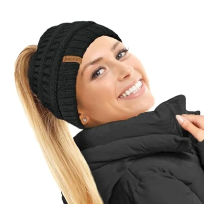 Image of TOSKATOK Ladies Thermal Teddy Fleece Lined Ponytail Beanie Hat Black