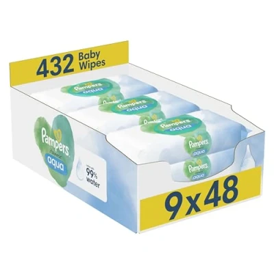 Image of Pampers Harmonie Aqua Baby Wipes 9 Packs of 48 = 432 Wet Wipes, Help restore natural skin pH,delicate lotion with 99% water