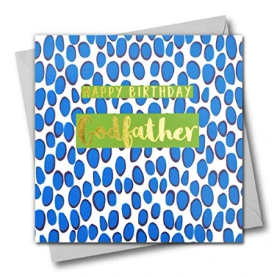 Image of Happy Birthday Godfather, Blue Dots, Greeting Card with Text Foiled in Shiny Gold