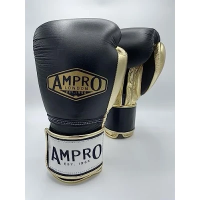 Image of Ampro Hybrid Powertech Hook and Loop Sparring Glove Sparring/Bag/Spar/Boxing/Training (Black/Gold, 20oz)