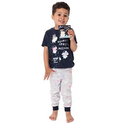 Image of Peppa Pig George Pyjamas For Boys &amp; Girls Story Book Included Kids Space Mission T Shirt And Trousers Pjs Childrens TV Show Merchandise 4 5 Years Navy