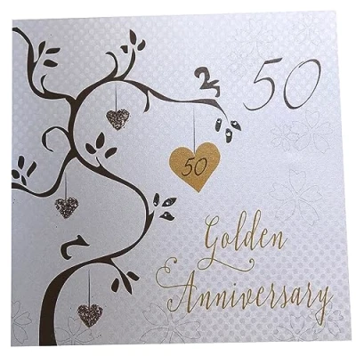 Image of white cotton cards Golden Wedding, Handmade 50th Card (Anniversary Tree, Code AB50)