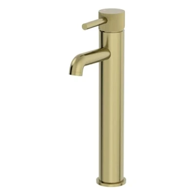 Image of Architeckt® Fluted Bathroom High Rise Basin Sink Mixer Tap Modern Mono Round Single Lever Handle Faucet for Sinks, Brushed Brass