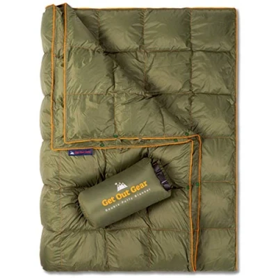 Image of Get Out Gear Double Puffy Camping Blanket Extra Puffy, Packable, Lightweight and Warm Ideal for Outdoors, Travel, Stadium, Festivals, Beach, Hammock Water Resistant Camp Quilt (Olive/Orange)
