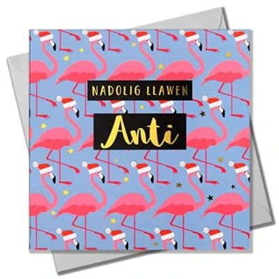 Image of Welsh Christmas Card, Anti, Aunt Flamingoes in Santa Hats, text foiled shiny gold