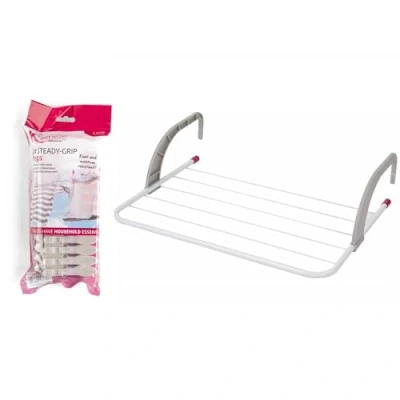 Image of Kleeneze COMBO 6052 6 Bar Radiator Attachable Airer for Hand Towels or Clothes with 24 Pegs, Holds up to 3 KG, Grey/Pink