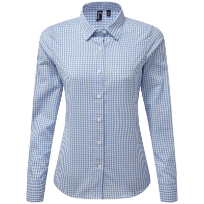 Image of Premier Womens/Ladies Maxton Gingham Long Sleeved Shirt (Light Blue/White) Blue &amp; White Size 2XL