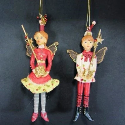 Image of Gisela Graham Resin and Fabric Boy Girl Angel / Fairy Christmas Tree Hanging Decoration Set of 2