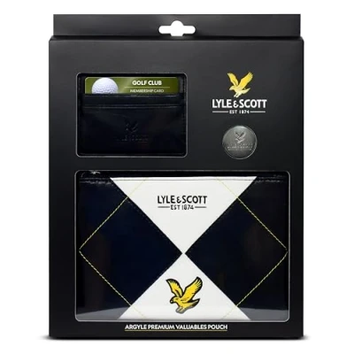 Image of Lyle and Scott Argyle Premium Valuables Pouch Pitch Perfect Golf Gifts for Men Luxurious Zippable Leather with Velour Lining, Card Wallet, Money Clip, 32mm Ball Marker Accessories
